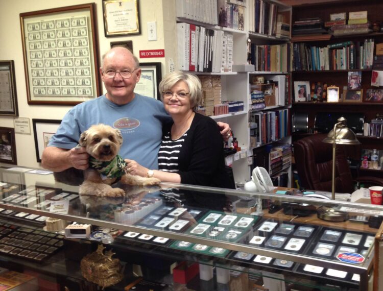 couple in store with dog