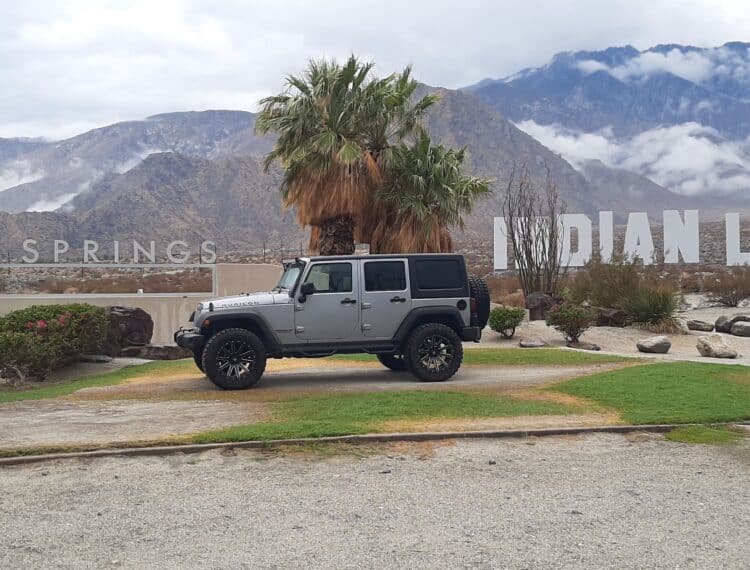 Jeep Wrangler parked in front of signage and a palm tree