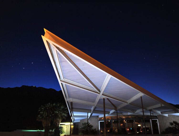 exterior of visitor center at night