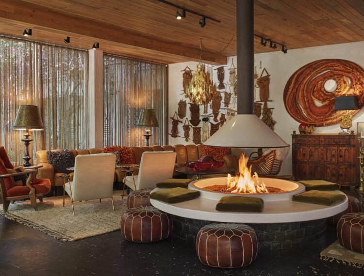 Parker Palm Springs lobby lounge with firepit