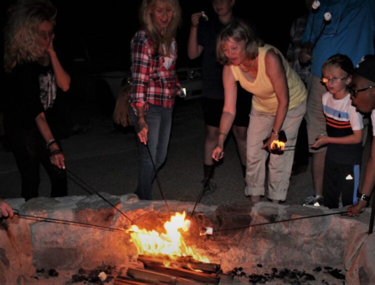 people near fire roasting marshmellows