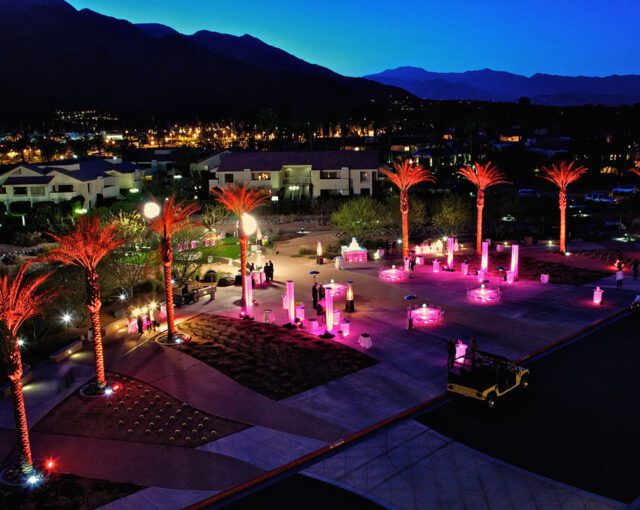 Overhead shot of Palm Springs Convention Center at evening