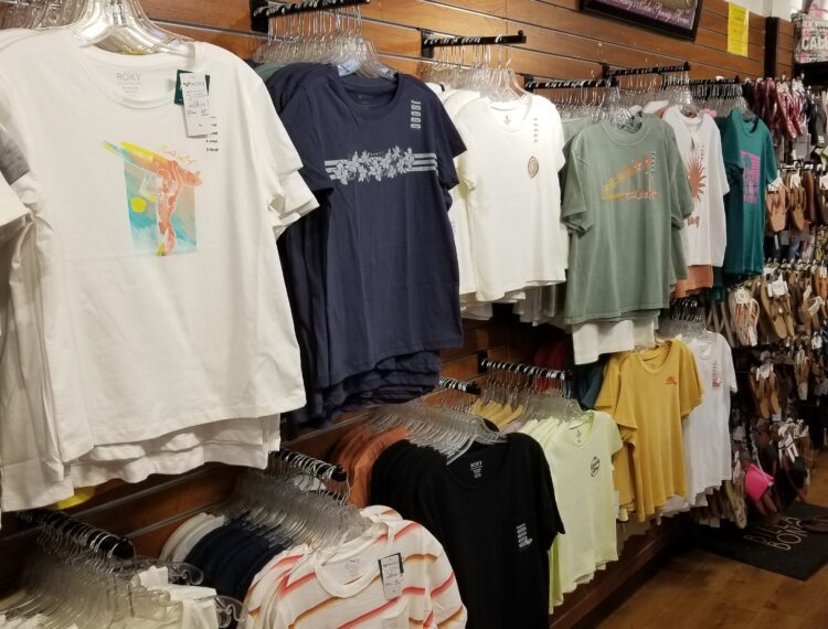 t-shirts on wall display