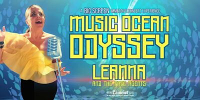 Promotional image for "Music Ocean Odyssey," a concert experience featuring a singer with a microphone with text announcing Leanna and The Free Agents at the Historic Camelot at the Palm Springs Cultural Center.