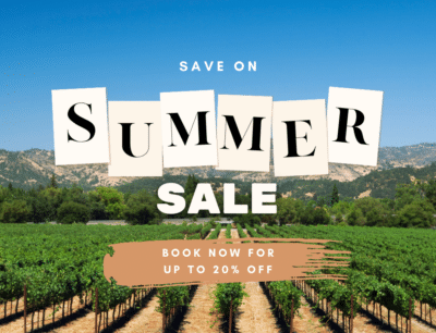 Advertisement for a summer sale over an image of a vineyard, with the text "SAVE ON SUMMER SALE - BOOK NOW FOR UP TO 20% OFF" superimposed on a clear sky above scenic rows of grapevines and a backdrop of hills.